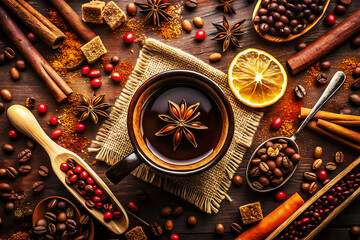 Vintage Coffee Composition with Cinnamon and Nutmeg.