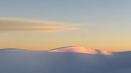 A breathtaking wide-angle view captures the serene snowy mountains at sunset, bathing the peaks in soft, golden light from a clear sky.