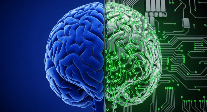 Human brain split, one half blue, organic; other half metallic, circuit board design, symbolizes AI, technology, connection between biology and technology - Powered by Adobe
