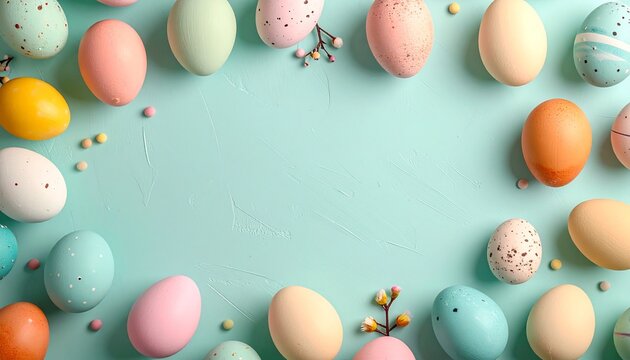 Pastel eggs on turquoise surface with floating motion capturing playful spring charm and Easter celebration