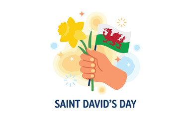 Hand holding Welsh flag and daffodil for Saint David's Day