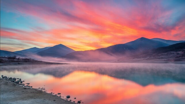 Sunset over the lake with mountains and colorful sky reflecting on water
