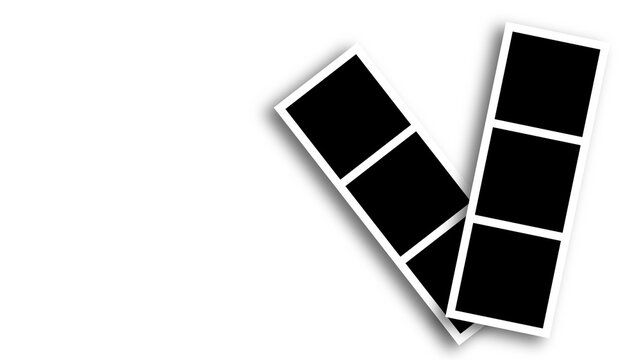 Two white photo booth strips with empty frames against dark background. isolated on transparent background