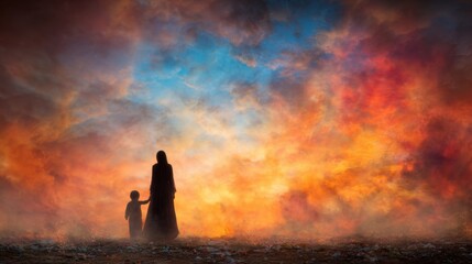 Fototapeta premium Silhouette of a woman and child against a colorful sky at dusk