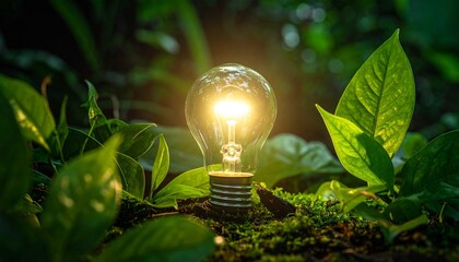 Glowing light bulb surrounded by green leaves symbolizing sustainable energy and harmony between nature and innovation