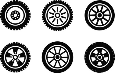 wheel icons six tire and rim line art vector for design projects