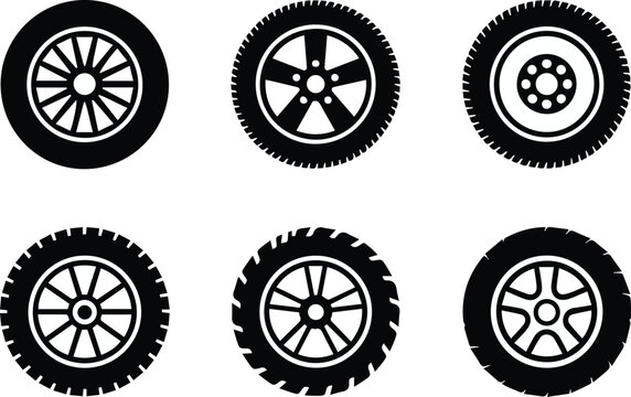 wheel set six spoke and rim silhouettes vector car accessory pack