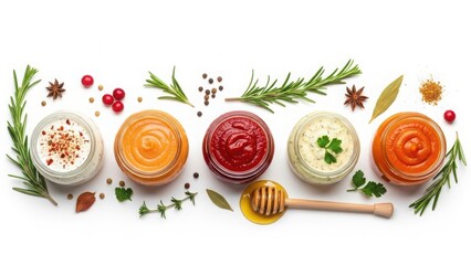 Assorted sauces and spices on white background
