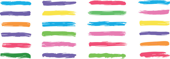 Obraz premium Colorful hand-drawn brush strokes in bright rainbow hues. Set of vector paint strokes and marker lines for graphic design. 