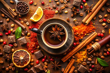 Aromatic Black Coffee Cup with Cinnamon and Star Anise.