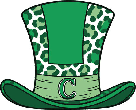 St patrick's day green top hat with shamrock pattern and letter c emblem