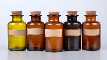 Five glass apothecary bottles with cork stoppers and blank labels in varying shades of amber and yellow displayed against a white background