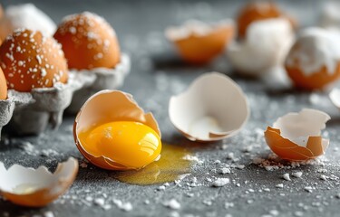 Broken eggs with transparent shells and yolks strewn across a gray surface