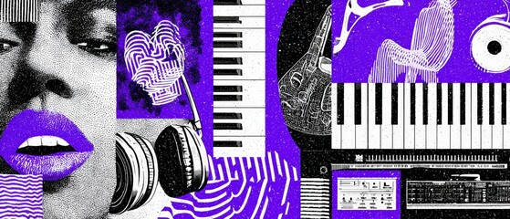 Woman with purple lips, headphones, piano keys, and musical instruments Abstract collage of music and sound