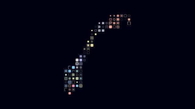 Norway animated country shape. Pulsating colored dots on the map of the country. Large size rounded square blocks. Digital style Norway map on dark background. Beautiful animation video.