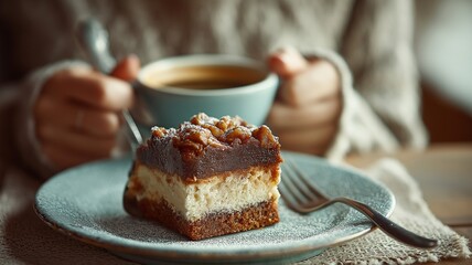 A close-up of a woman in a caf&eacute; enjoying coffee and cake