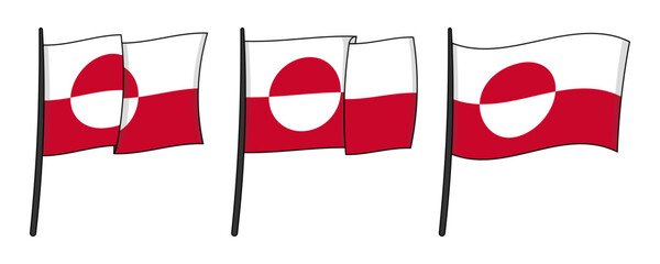Greenland national flag set with bold outlines. Waving Greenlandic flags for travel blogs, geographic infographics, international event branding, educational materials about Arctic regions