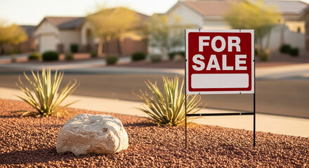 Red "For Sale" sign in front of houses, showcasing real estate concept.  Blank space for text or agent information.  Ideal for property listings.