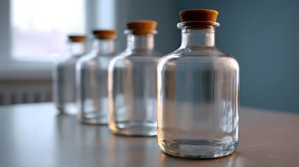 Arranged clear glass bottles with cork stoppers on a table under soft lighting