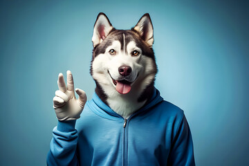 Funny Husky Dog Head on Human Body in Hoodie.