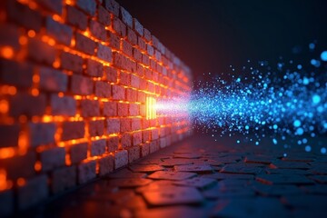 Glowing digital brick wall blocking data stream representing network firewall