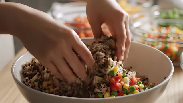 Mixing fresh ingredients in a bowl to prepare a healthy salad.