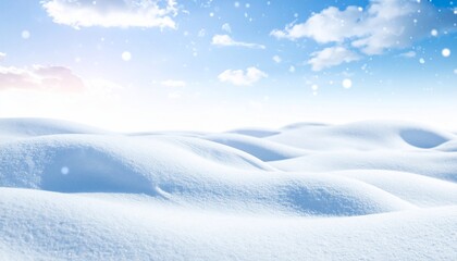Obraz premium Gentle rolling snow-covered landscape under a partly cloudy sky, with falling snowflakes