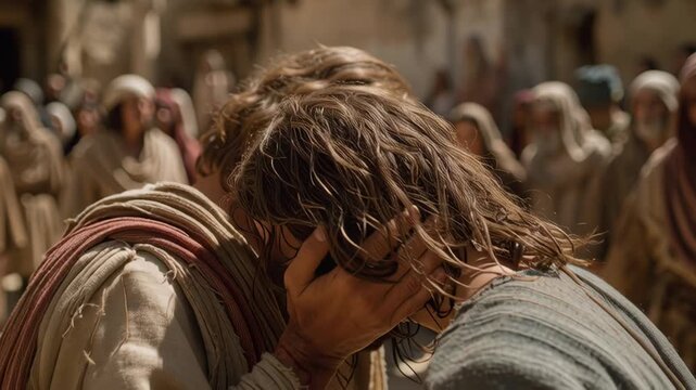 Jesus interacts with a follower during a gathering, offering comfort and support. Many people watch this moment in a historical setting. The scene captures strong emotions and deep connections.