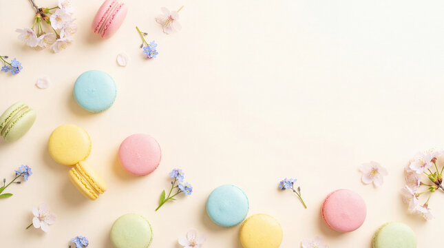 colorful macarons and spring flowers arranged on beige background. sweet french dessert with sakura. easter and mother's day holiday. greeting card, banner with copyspace.