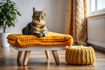 Cute Gray Tabby Cat Resting on Knitted Blanket.