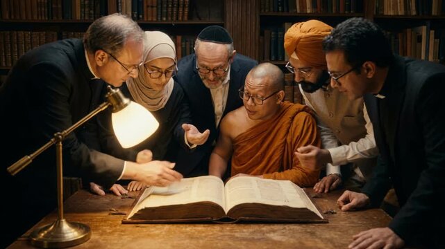 Diverse interfaith group of religious leaders reading an antique book in a library. Priest Rabbi Monk and Muslim woman collaborating on scripture study. Religious unity and peace concept