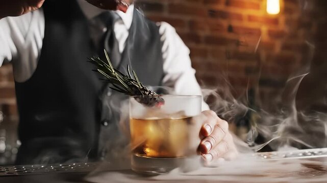 Bartender crafting a smoky cocktail with rosemary and ice cubes.