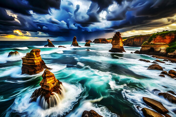 Wild Coastal Scene with Motion Blur Waves.