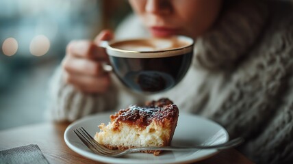 A close-up of a woman in a caf&eacute; enjoying coffee and cake