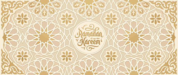 Elegant Ramadan Kareem vector illustration with intricate Islamic geometric pattern background for festive cultural celebration