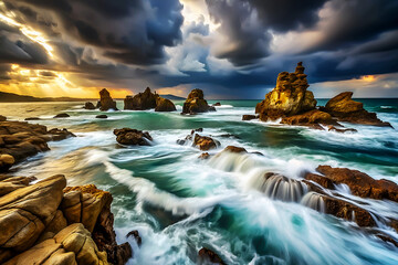 Moody Seascape with Rough Sea and Rock Formations.