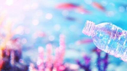 Bottle floats in water among colorful fish and coral during bright day