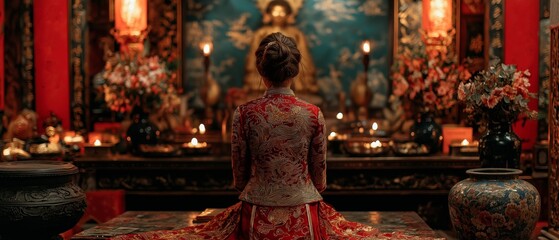 During the Lunar New Year, an Asian elderly woman wearing a crimson cheongsam qipao outfit makes a request to the ancestor god inside a Chinese Buddhist temple for good fortune and blessings.