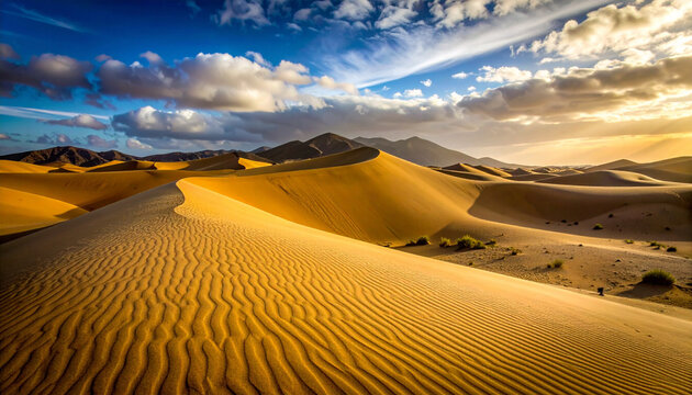 Massive golden sand dunes shift under the wind in the desert landscape of M�danos de Coro national park.