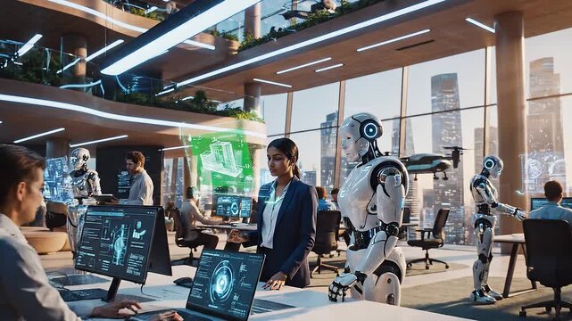 Futuristic Office with Humanoid Robots and People Working.