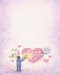 Purpose driven planning art, Fair Isle knitting pattern of flat icon of a figure holding a glowing puzzle piece and placing it into a heart-shaped strategy map, surrounded by symbols of growth timing 