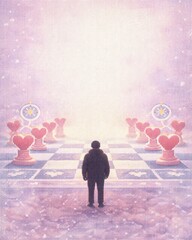 Emotional strategy knitting pattern, Fair Isle knitting pattern of silhouette of a person standing in front of a giant glowing chessboard with heart-shaped pawns and compass icons, soft Valentine 