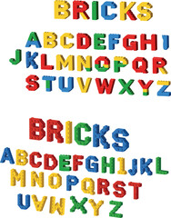 Fototapeta premium Colorful alphabet letters styled as toy building bricks, featuring the word “BRICKS” and full A–Z sets in playful educational layout.