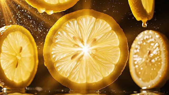 Fresh lemons floating in mid air with sun rays shining through