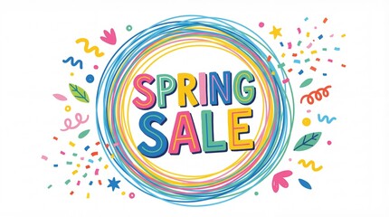 Fototapeta premium colorful hand drawn lettering spring sale in scribbled circular frame. confetti, leaves and stars decoration on white background. seasonal discount promotion. banner, website header with copy space.