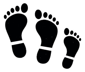 Grunge silhouette footprints set featuring three black foot impressions of different sizes for concepts of journey and family