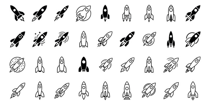 Minimalist line art and solid rocket icons set featuring various spacecraft designs and launch concepts for space exploration, business, and technology