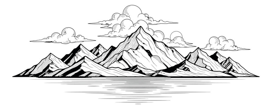 Hand drawn line art illustration of a mountain range depicting a majestic natural landscape with clouds and water for outdoor designs
