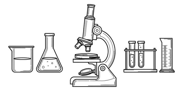 Hand drawn line art science laboratory equipment set featuring a microscope, test tubes, flasks, beakers, and measuring cylinder for scientific experiments and education