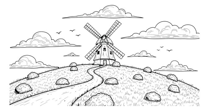 Hand drawn line art illustration of a windmill depicting a scenic rural landscape on a hill with clouds and birds for nature projects